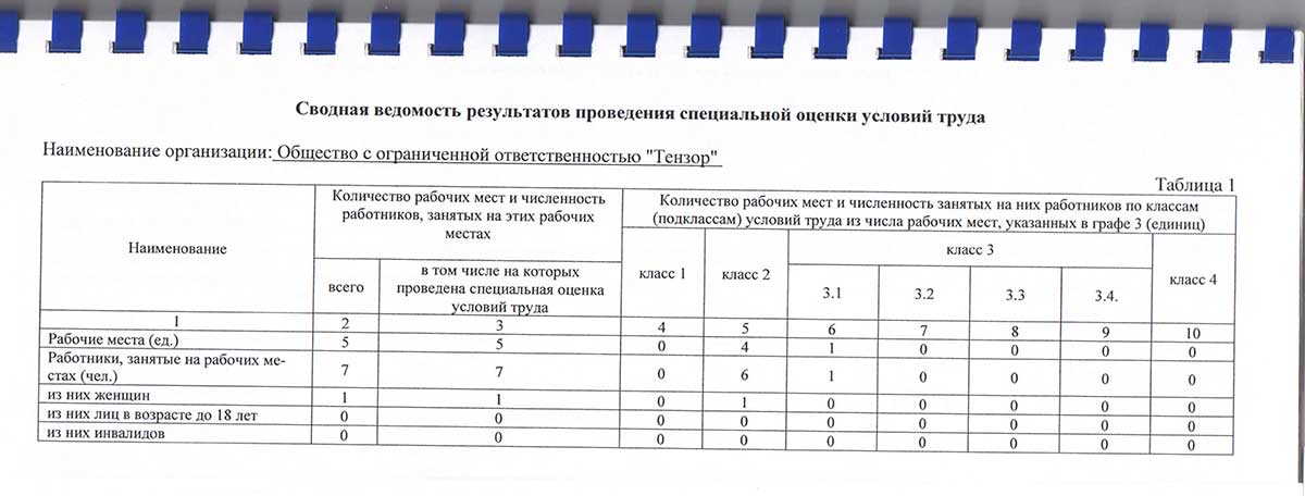 Сводная ведомость результатов проведения специальной оценки условий труда Тензор 2019